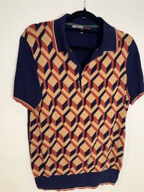 MR TURK Men’s S Retro Geometric Knit Polo Navy Orange Tan